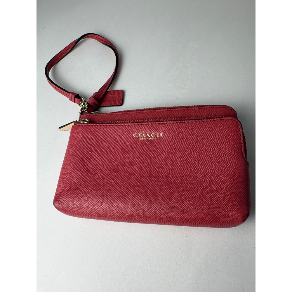Coach Red Crossgrain Leather Double Zip Wristlet Gold Hardware‎ Bag